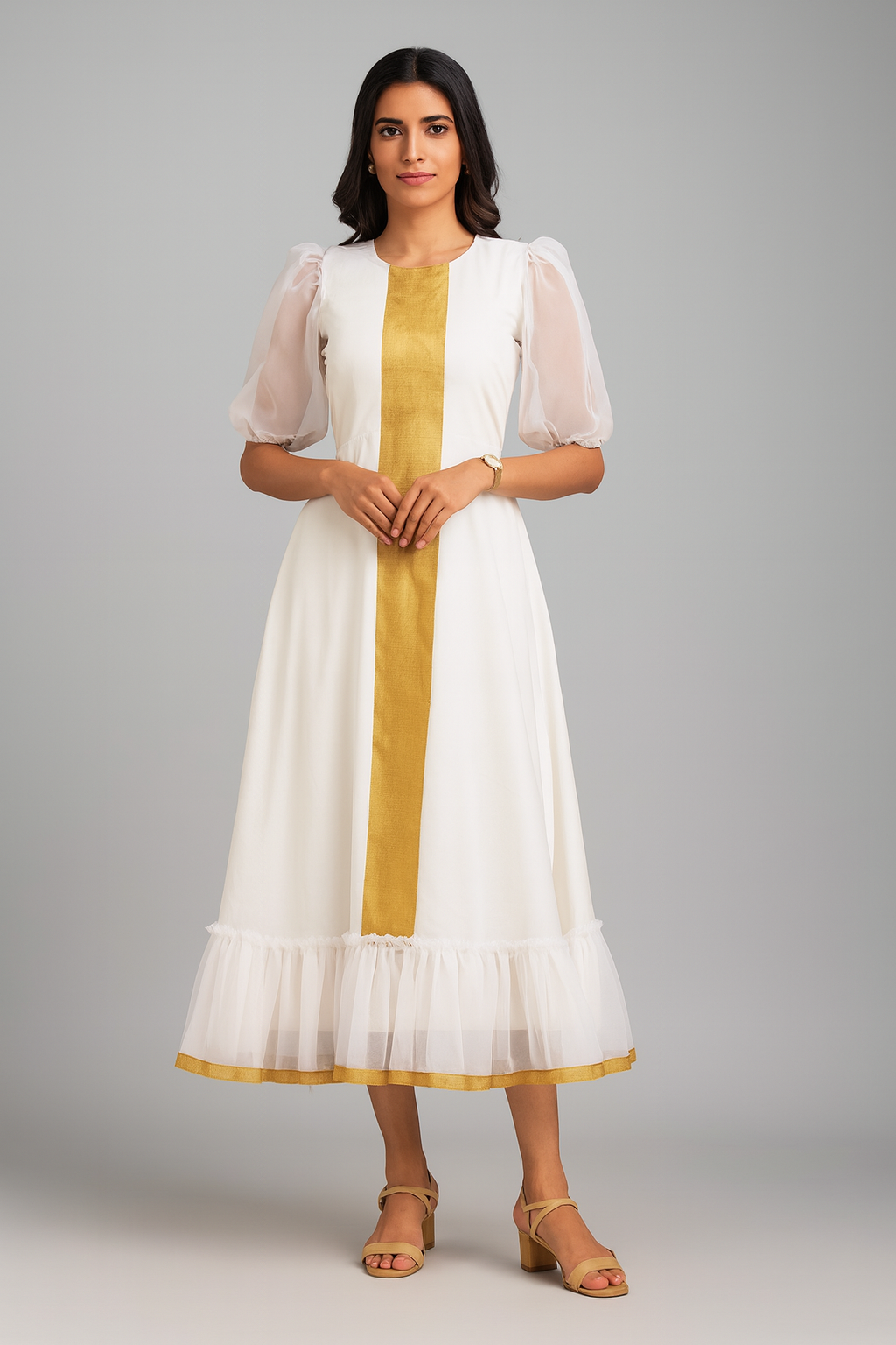 Elegant White & Gold Cotton Midi Dress with Organza Puff Sleeves – Vishu Special