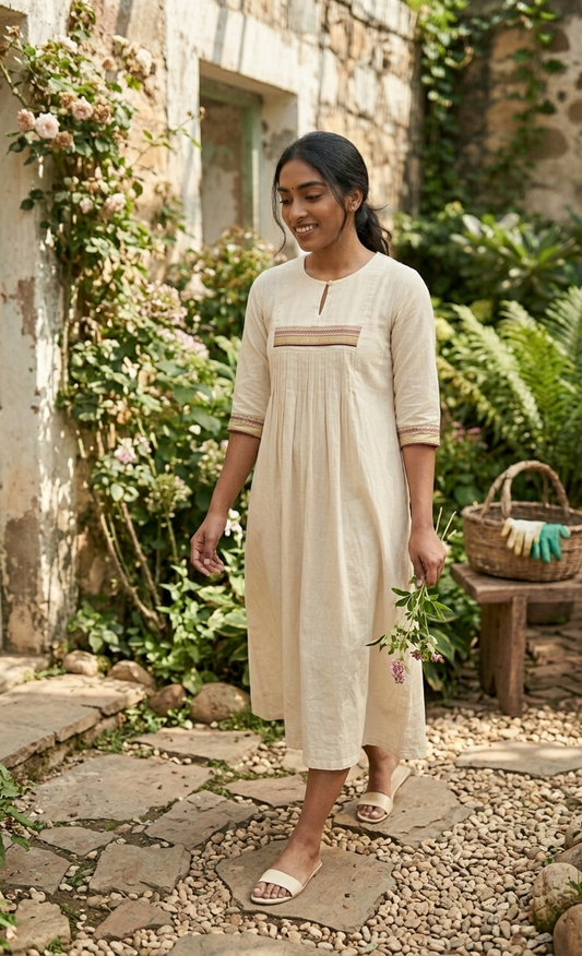 Handcrafted Cotton A-Line Dress with Intricate Embroidery