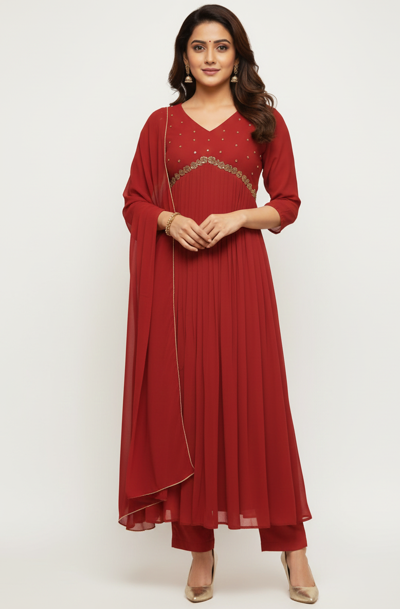 Maroon Georgette Anarkali Suit – Lightweight, Flowing & Traditional