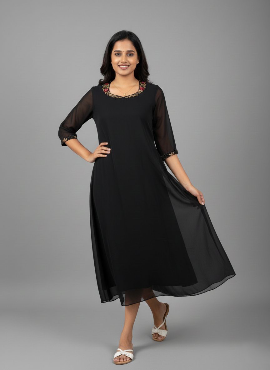 Elegant Black Georgette Hand-Bead Worked Dress