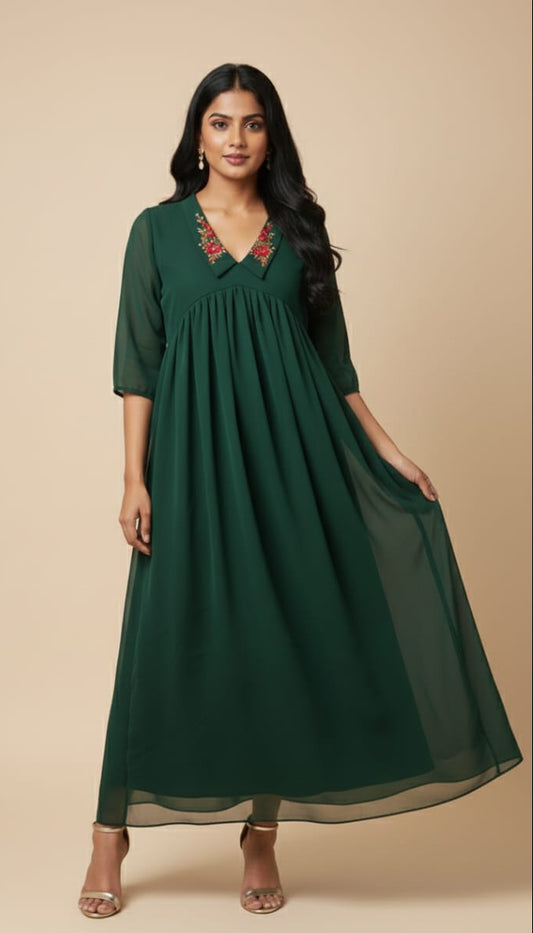Hand worked Green Georgette Dress