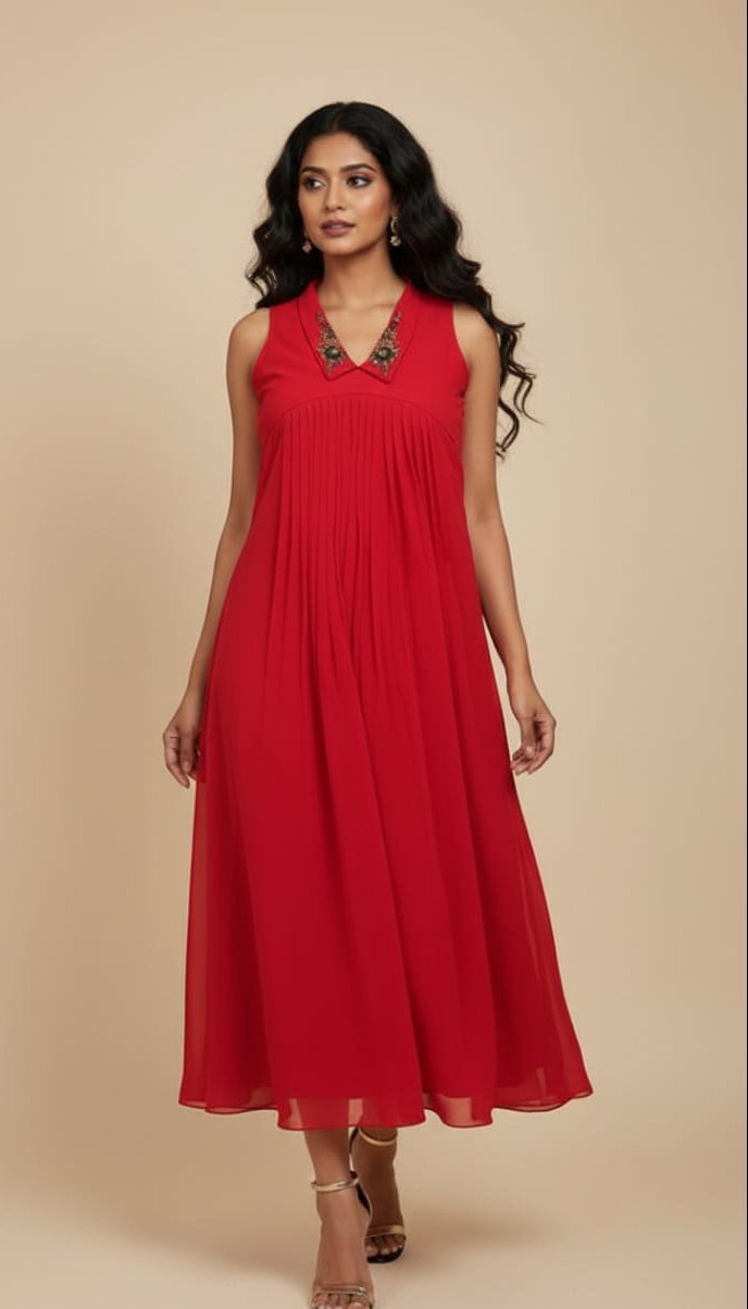 Hand worked Red Georgette Dress