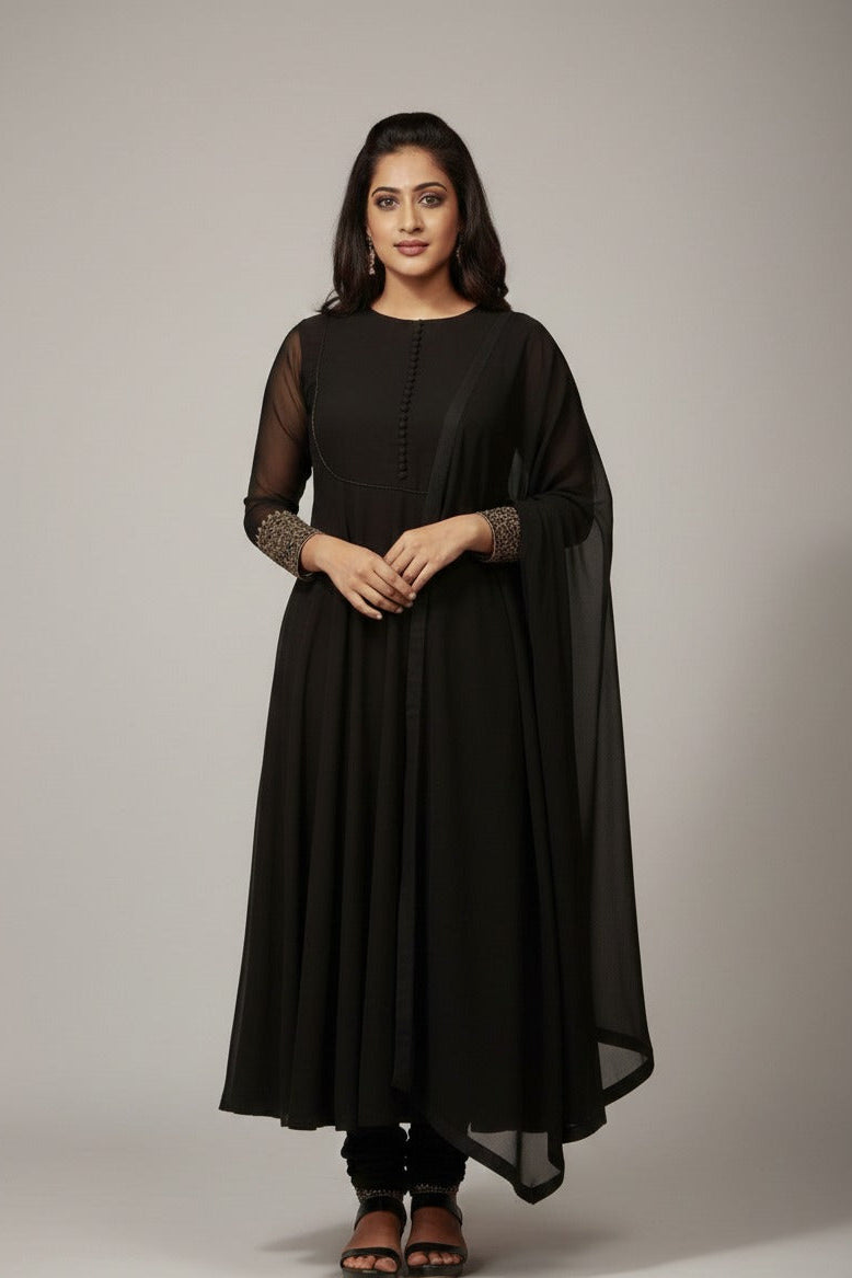 Georgette Anarkali Set with Hand-Worked Sleeves