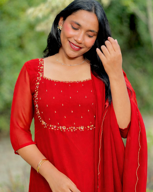 anarkali red colour varient front view