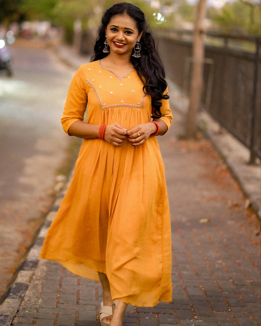Mustard Yellow Hand‑Beaded Yoke Midi Dress