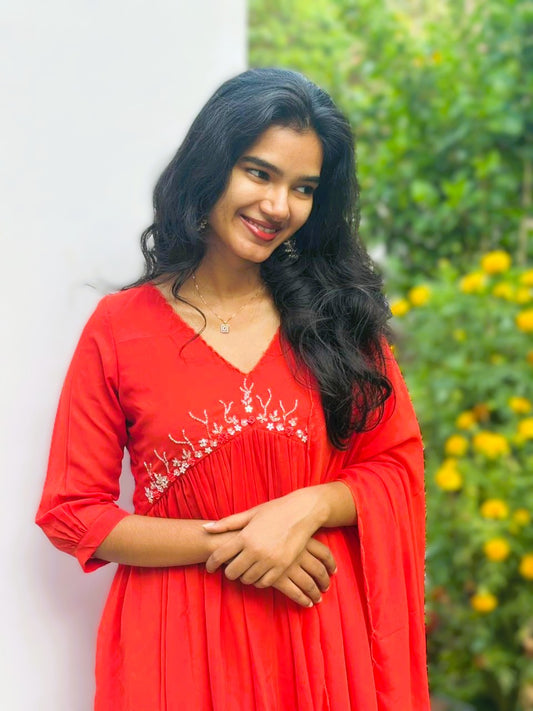 Hand‑Beaded Red Georgette Anarkali with Scalloped Dupatta