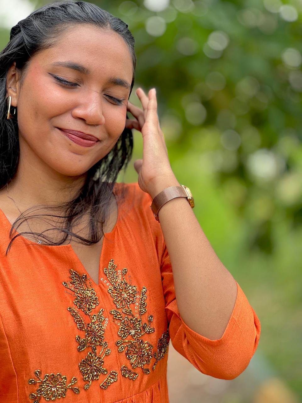 Hand‑Beaded Orange Vichitra Silk Midi Dress