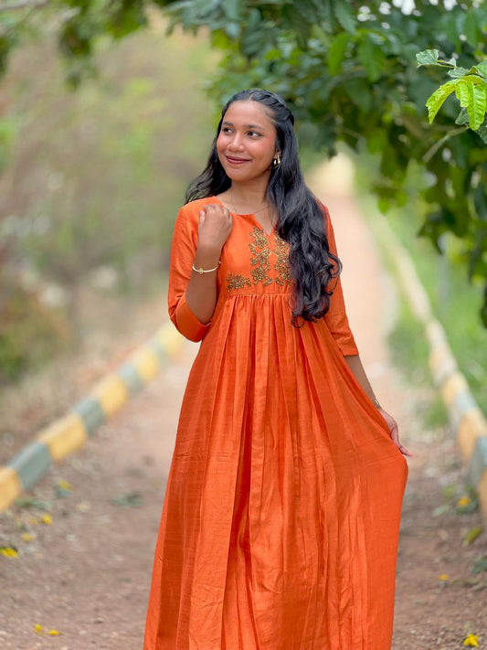 Hand‑Beaded Orange Vichitra Silk Midi Dress