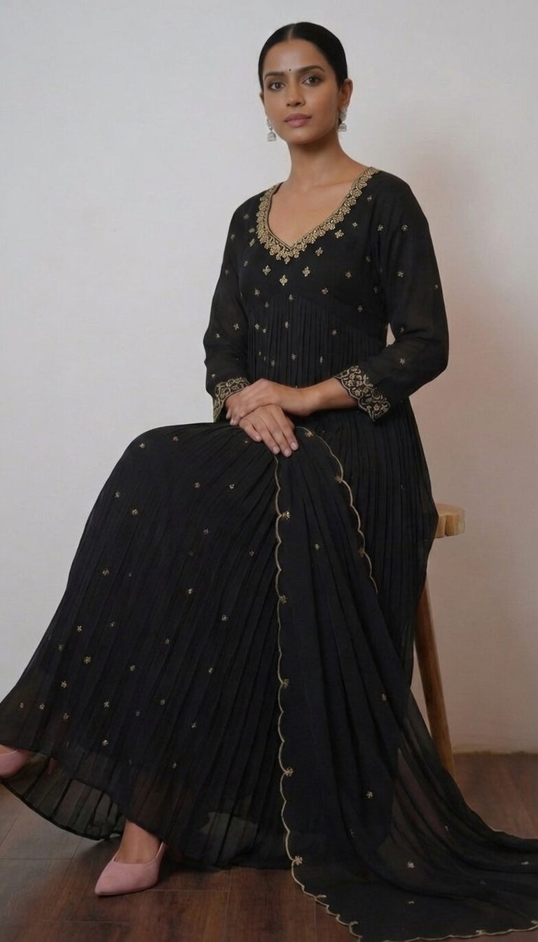 Midnight Black Hand-Beaded Pleated Anarkali Set with Scalloped Dupatta