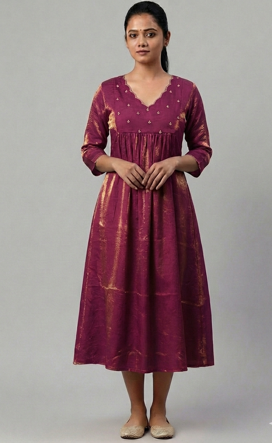 Hand-Worked Velvet Organza Midi Dress