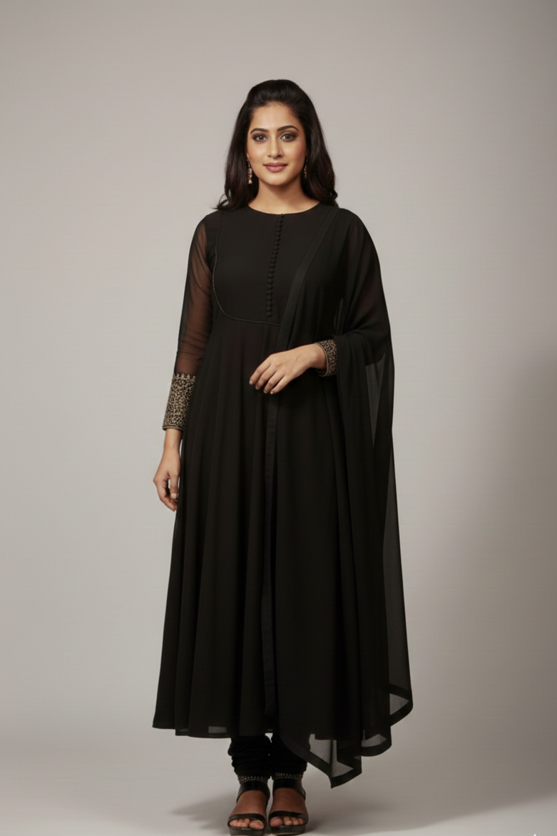Georgette Anarkali Set with Hand-Worked Sleeves