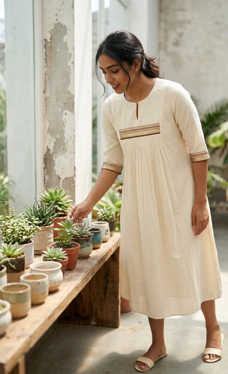 Handcrafted Cotton A-Line Dress with Intricate Embroidery