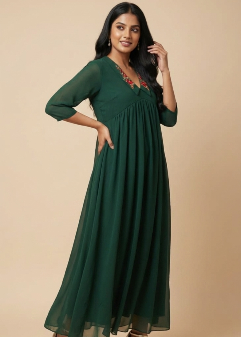 Hand worked Green Georgette Dress