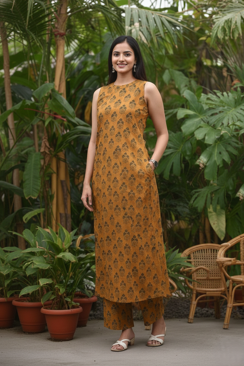 Mustard Yellow Block Print Cotton Co-ord Set