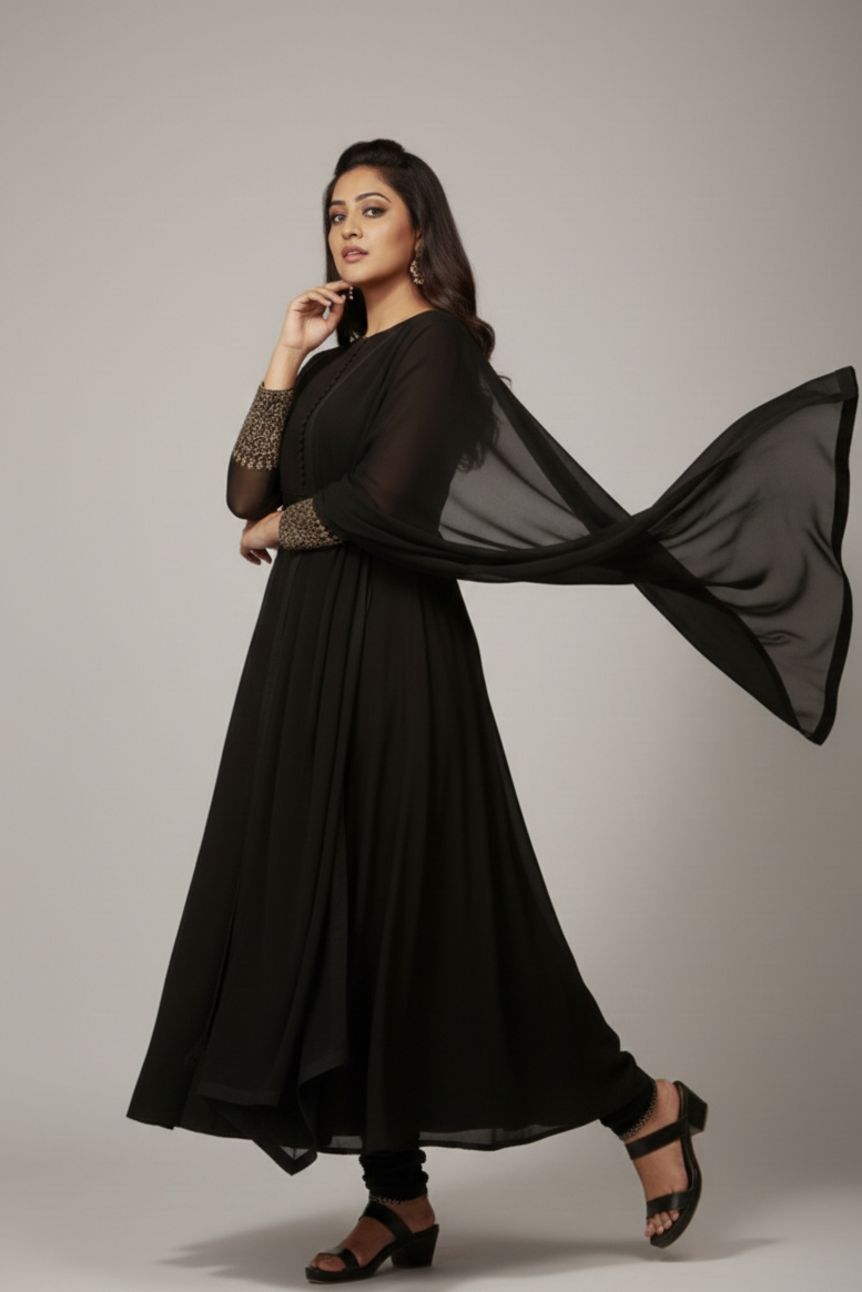Georgette Anarkali Set with Hand-Worked Sleeves