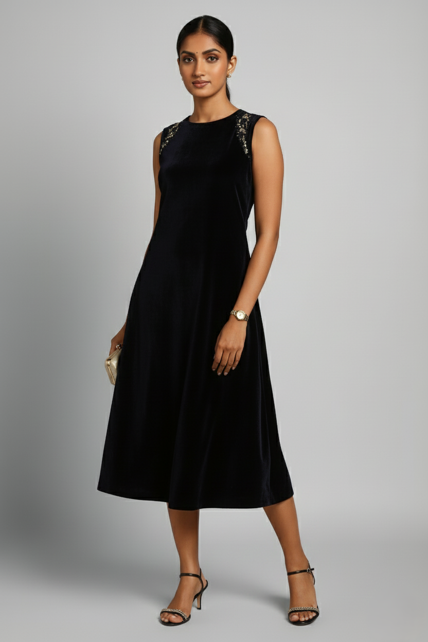 Princess Cut Velvet Hand-Beaded Dress