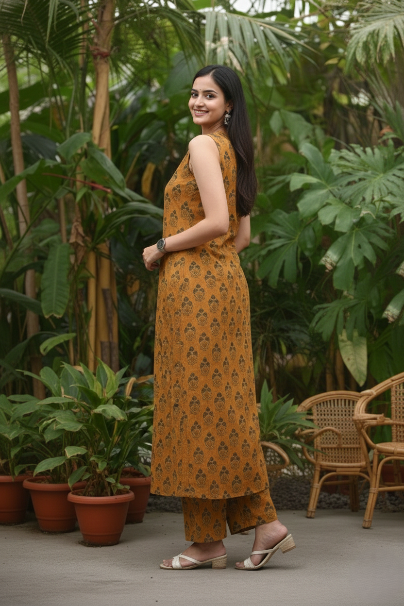 Mustard Yellow Block Print Cotton Co-ord Set