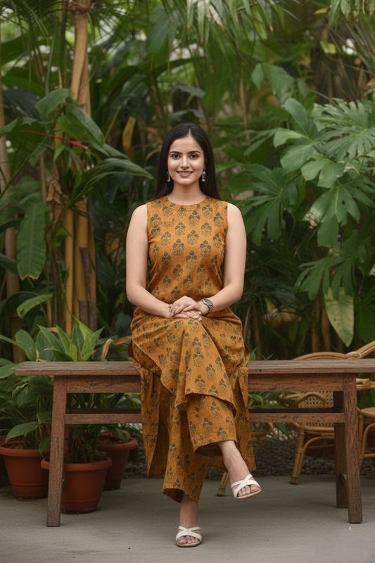 Mustard Yellow Block Print Cotton Co-ord Set