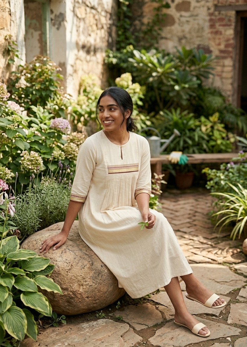 Handcrafted Cotton A-Line Dress with Intricate Embroidery