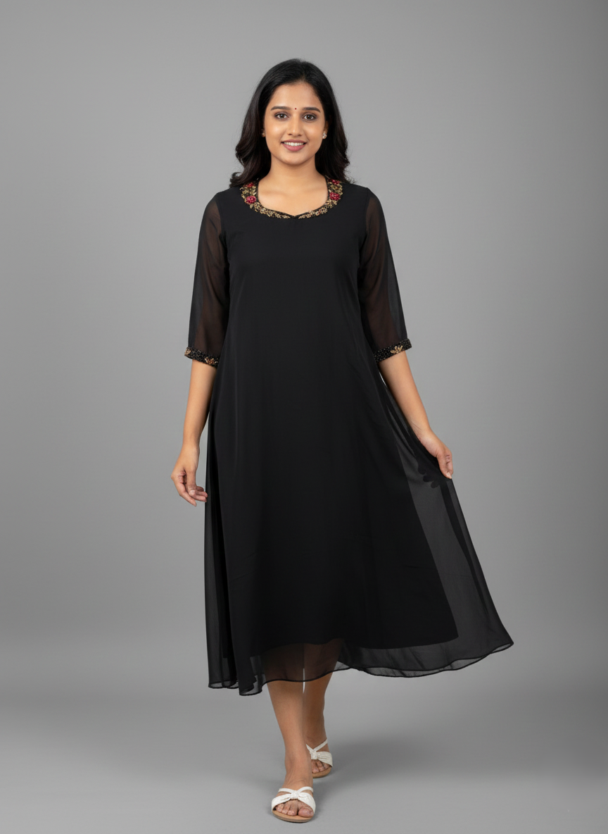 Elegant Black Georgette Hand-Bead Worked Dress