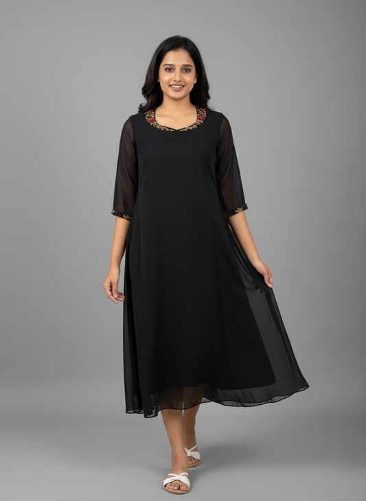 Elegant Black Georgette Hand-Bead Worked Dress