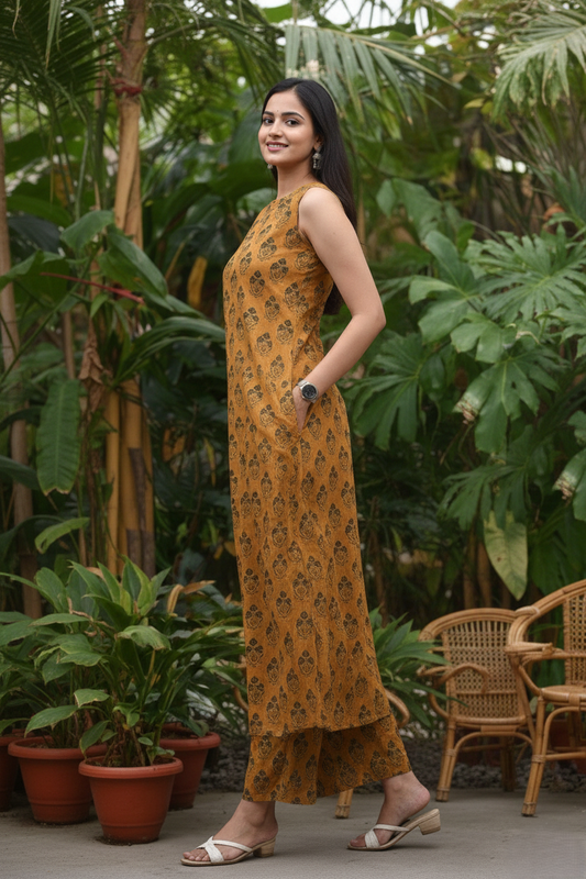 Mustard Yellow Block Print Cotton Co-ord Set