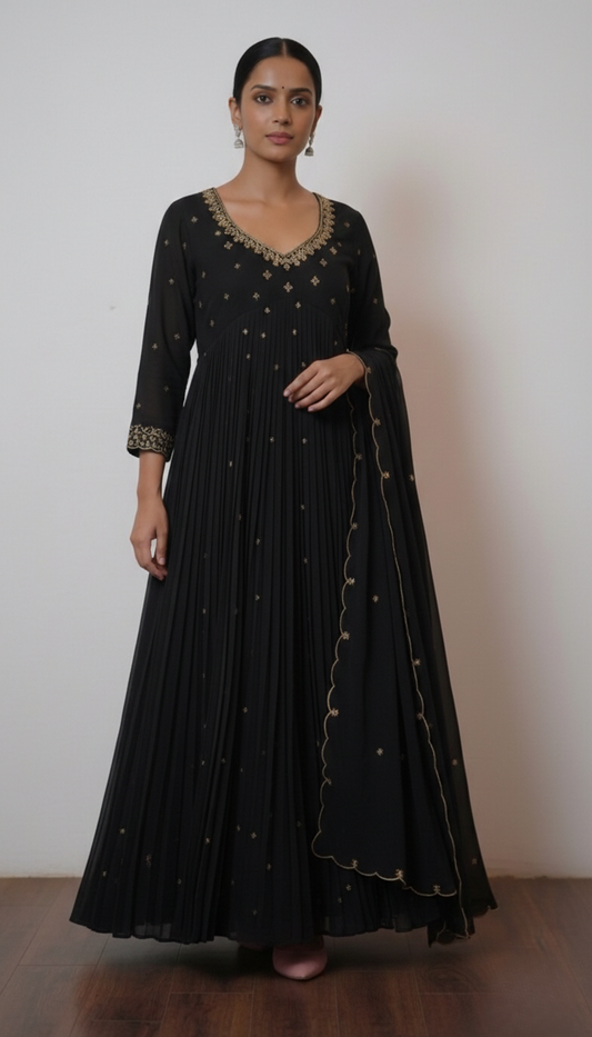 Midnight Black Hand-Beaded Pleated Anarkali Set with Scalloped Dupatta