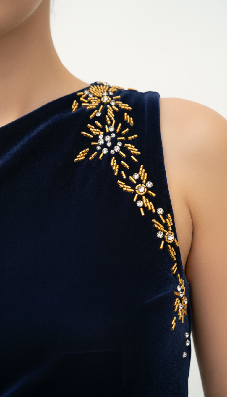 Princess Cut Velvet Hand-Beaded Dress