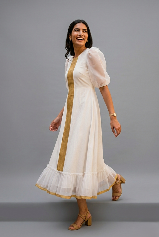 Elegant White & Gold Cotton Midi Dress with Organza Puff Sleeves – Vishu Special