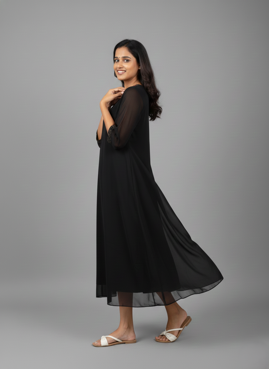 Elegant Black Georgette Hand-Bead Worked Dress