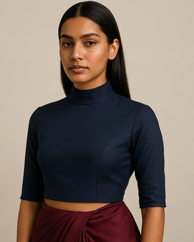 High‑neck blouse with structured neckline, fitted bodice, clean tailoring front view