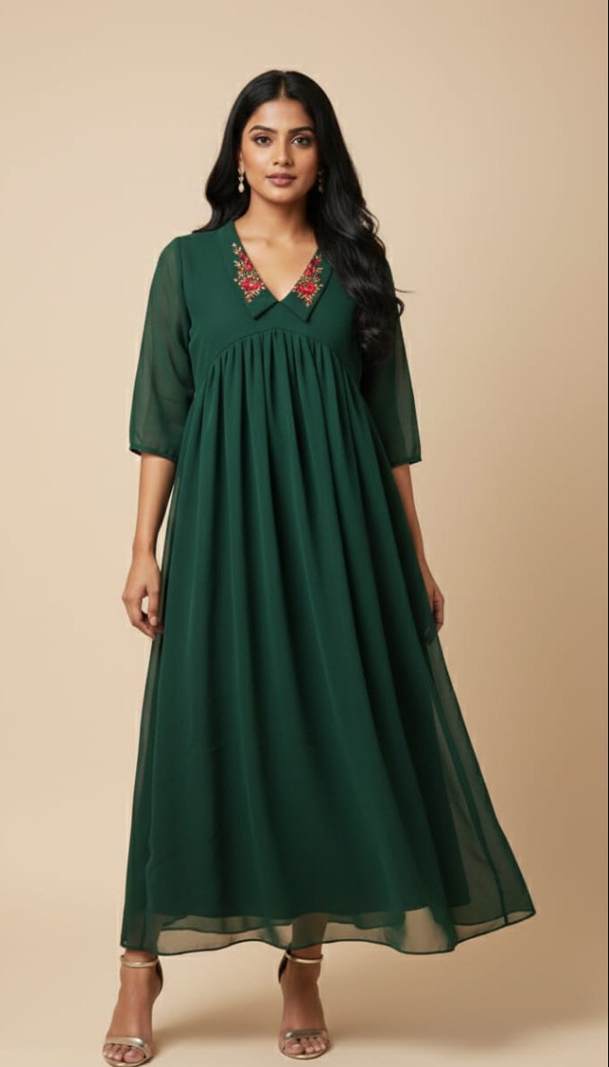 Hand worked Green Georgette Dress