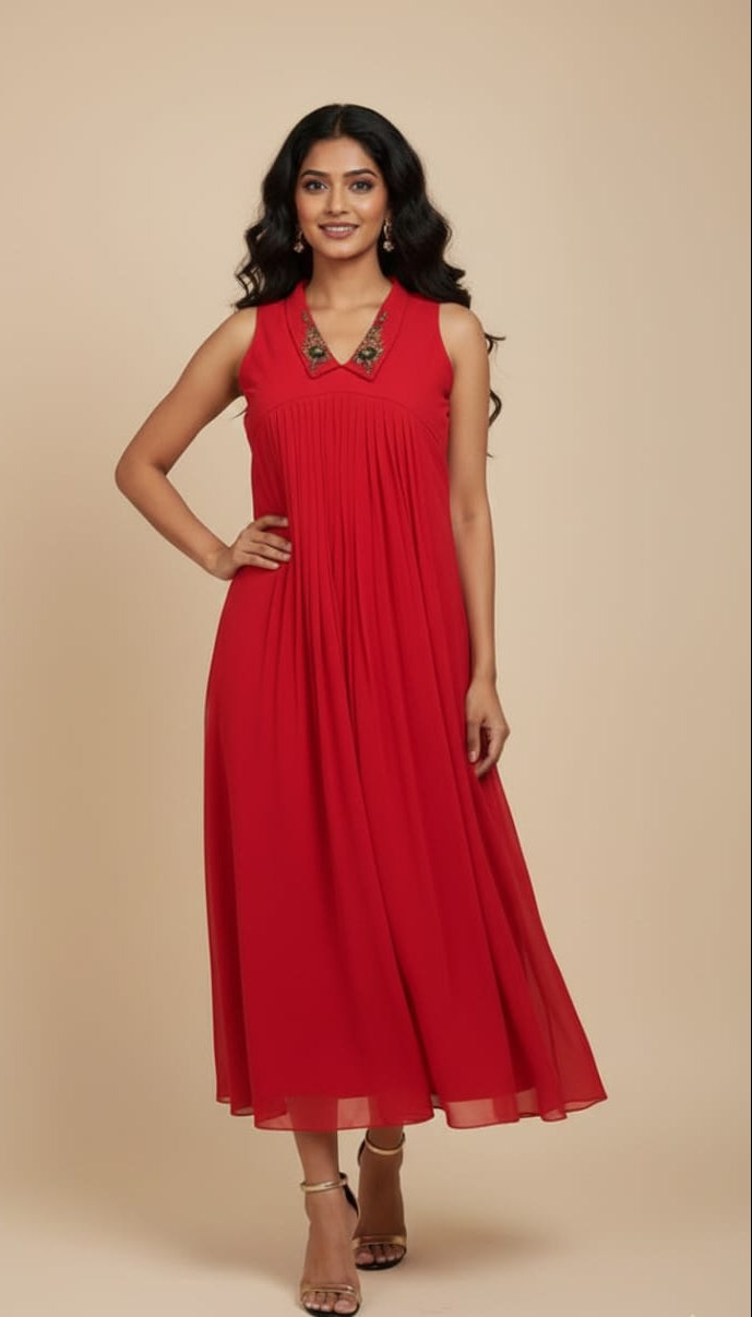 Hand worked Red Georgette Dress