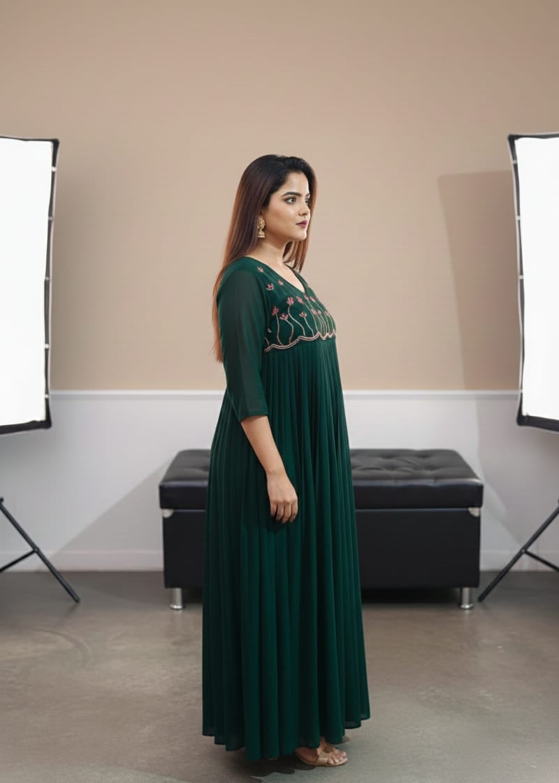 Emerald Green Georgette Maxi Dress with Flowy Silhouette & Handwork