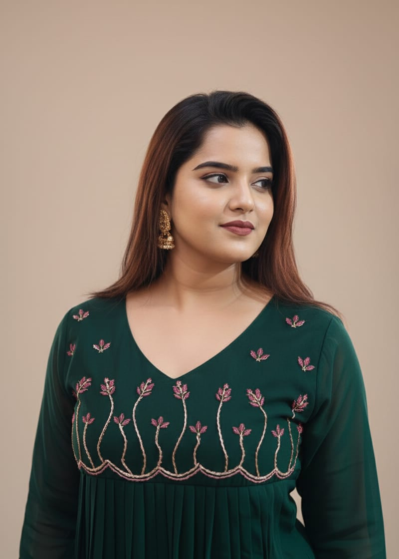 Emerald Green Georgette Maxi Dress with Flowy Silhouette & Handwork