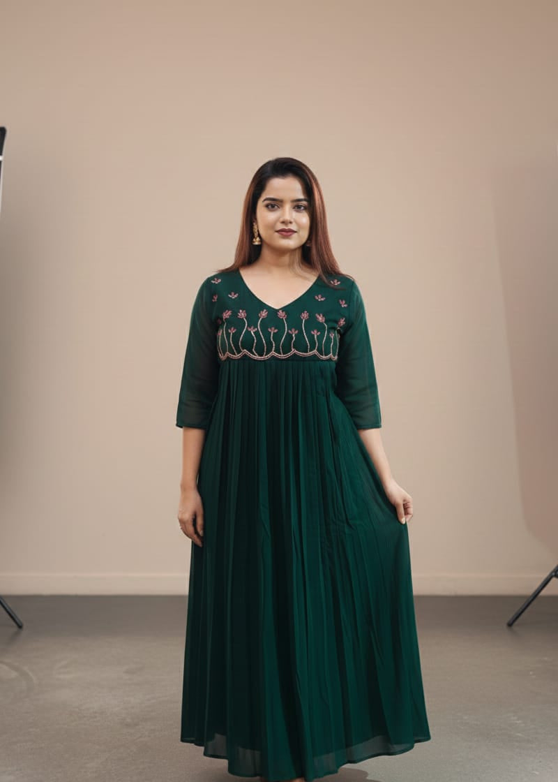 Emerald Green Georgette Maxi Dress with Flowy Silhouette & Handwork