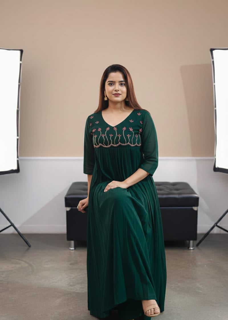 Emerald Green Georgette Maxi Dress with Flowy Silhouette & Handwork