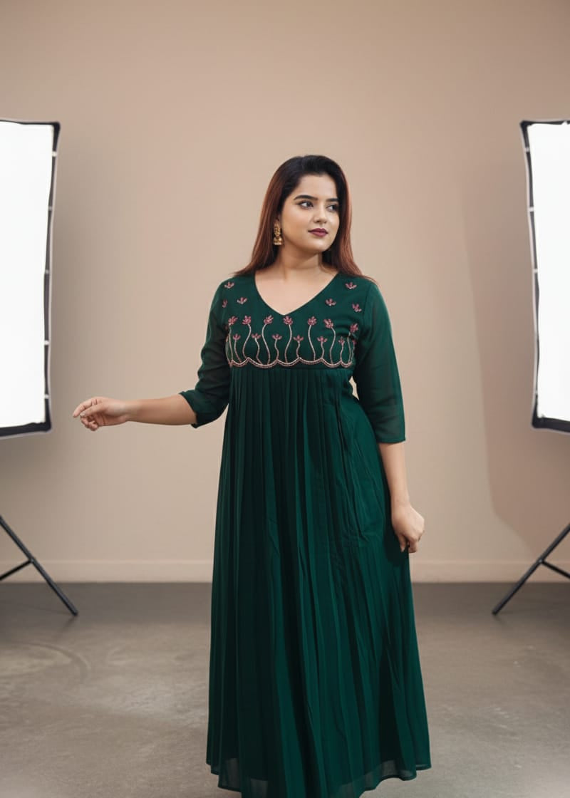 Emerald Green Georgette Maxi Dress with Flowy Silhouette & Handwork
