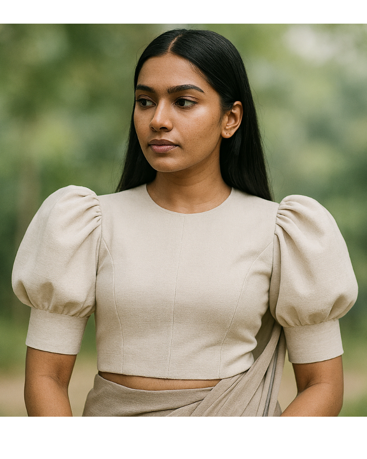 “Puff‑sleeve blouse with structured rounded sleeves, soft volume at the shoulders, fitted bodice, back