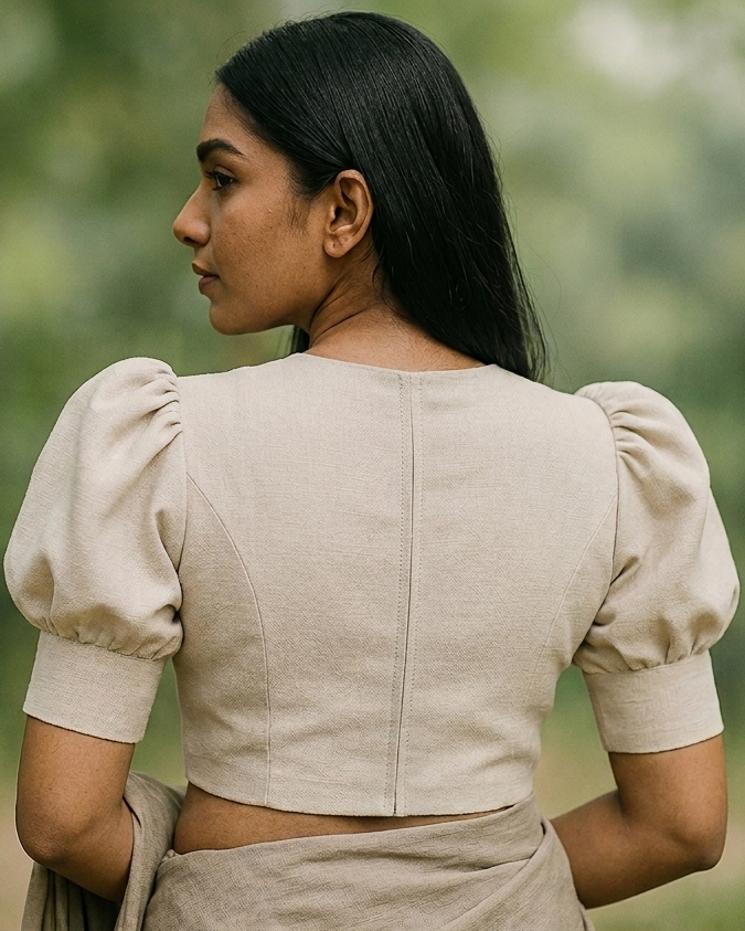Puff‑sleeve blouse with structured rounded sleeves, soft volume at the shoulders, fitted bodice, back