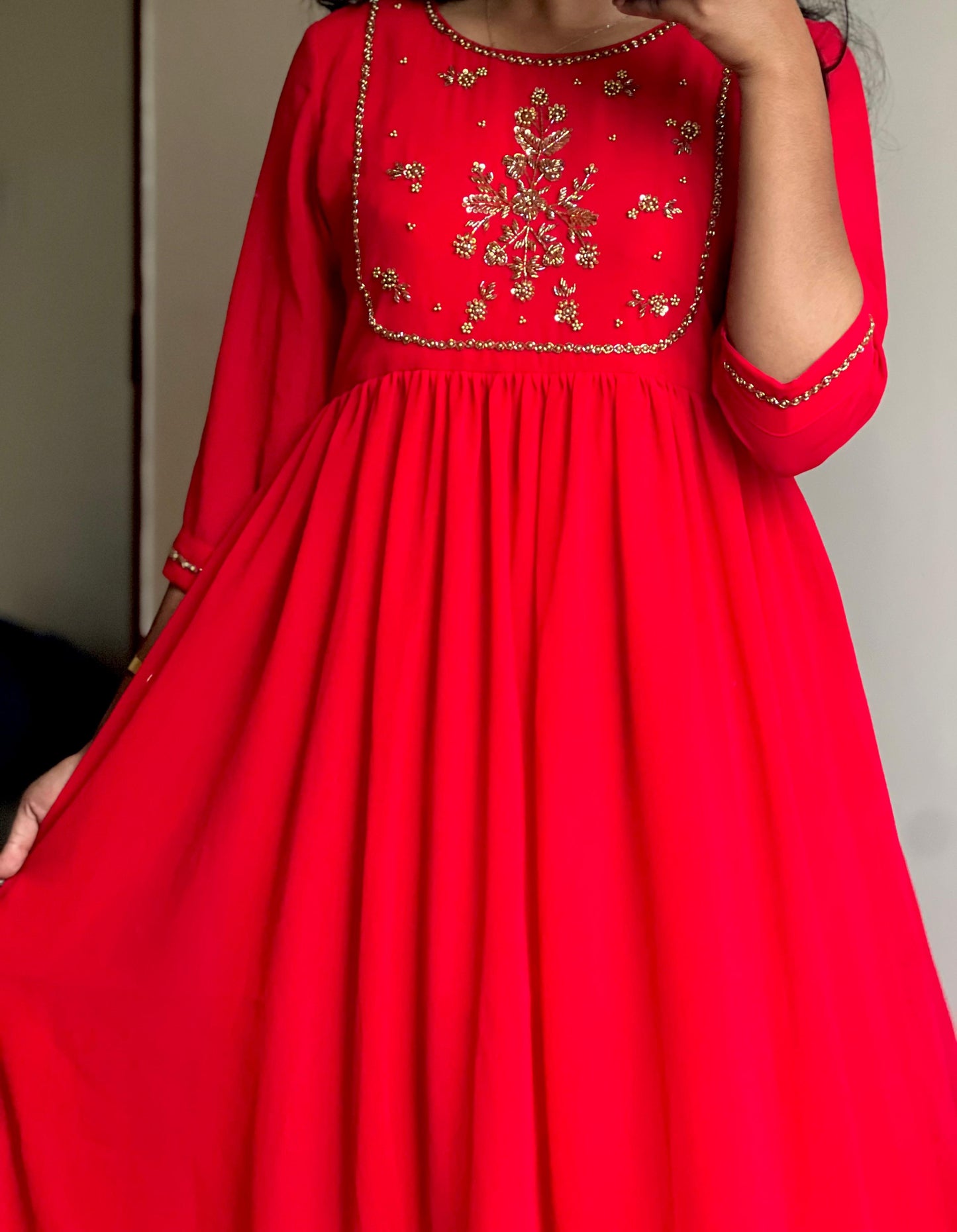 Hand‑Worked Red Georgette Dress with Embellished Yoke & Cuff