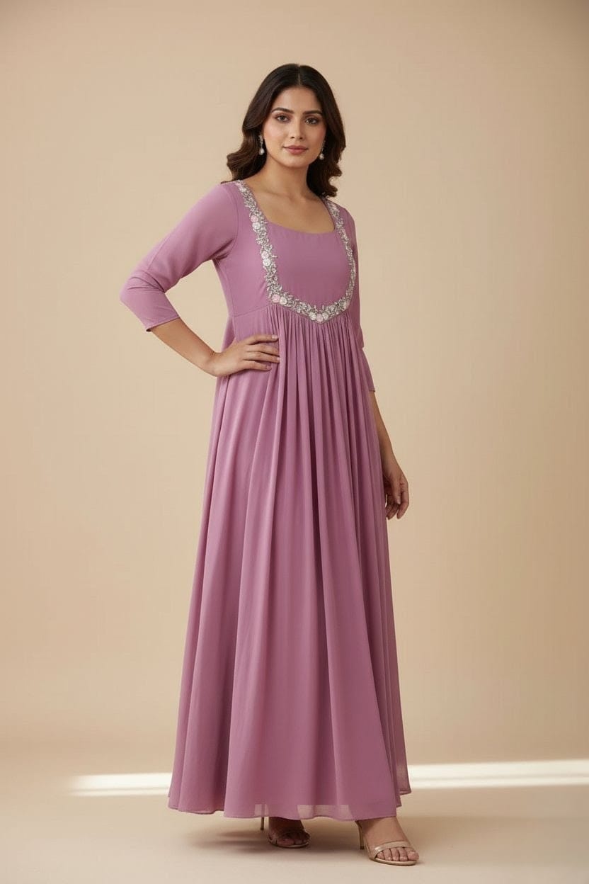 Muted Mauve Floor‑Length Gown with Square Neck & Pleated Skirt