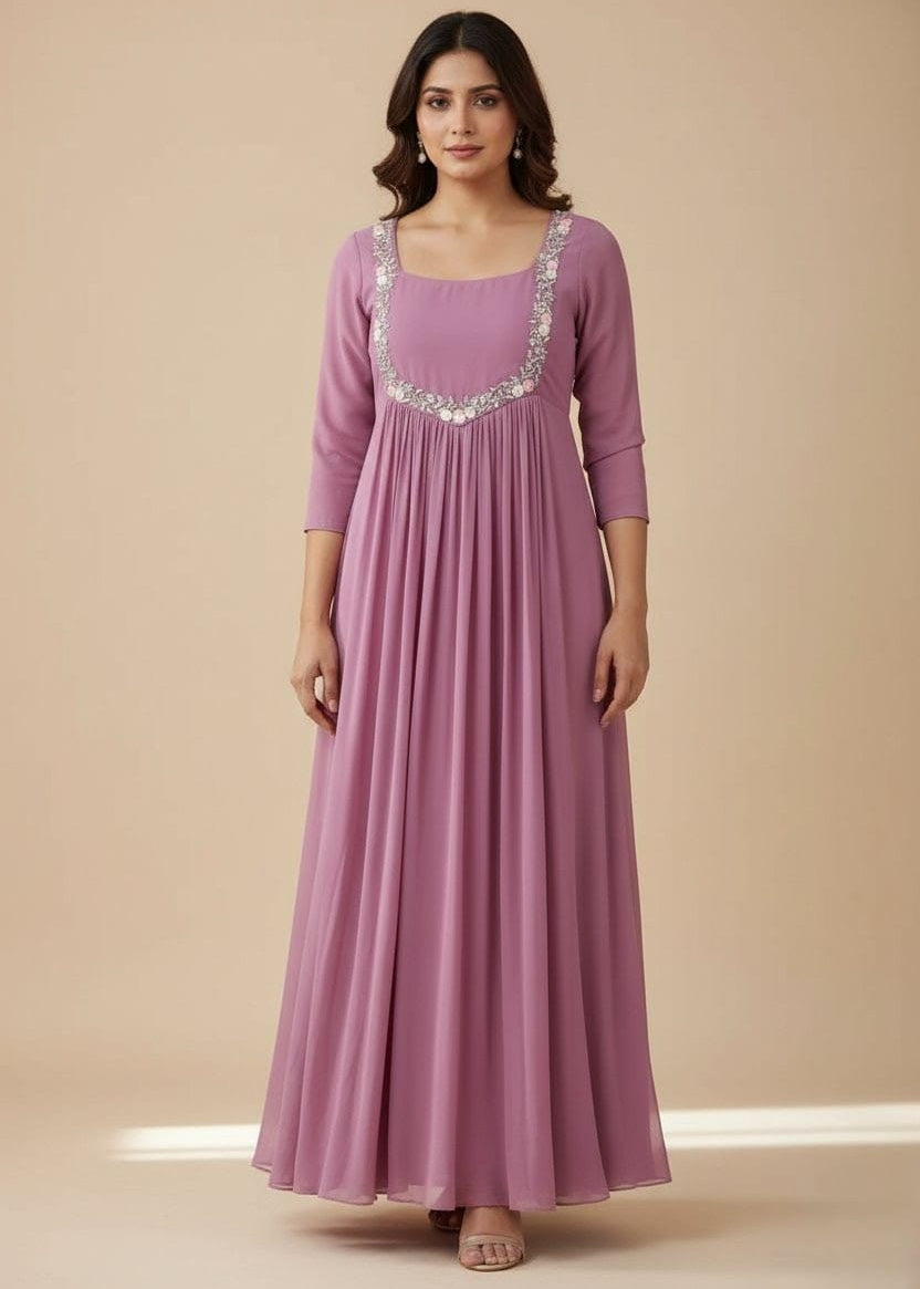 Muted Mauve Floor‑Length Gown with Square Neck & Pleated Skirt