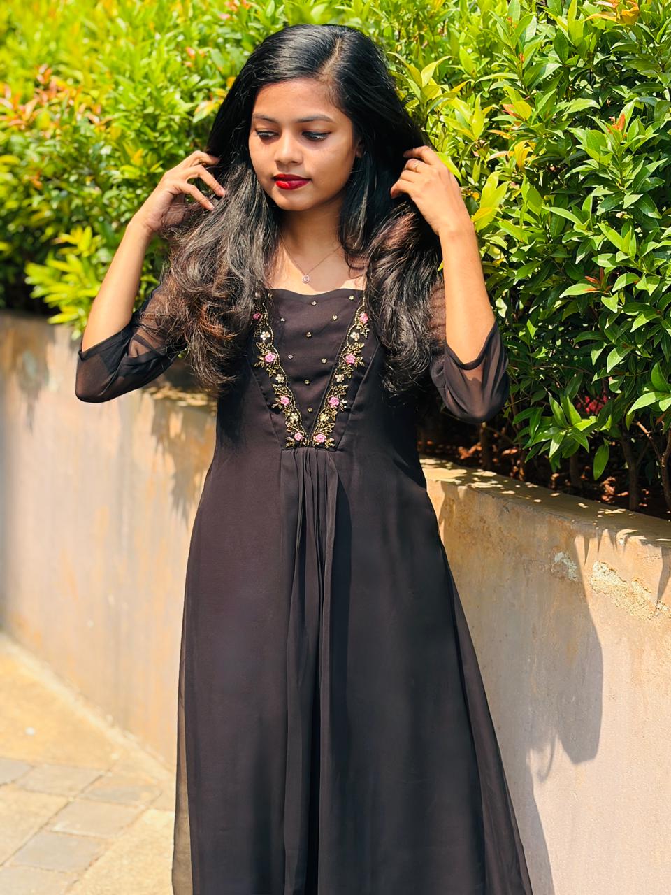 Hand‑Beaded Black Georgette Dress for Parties & Events