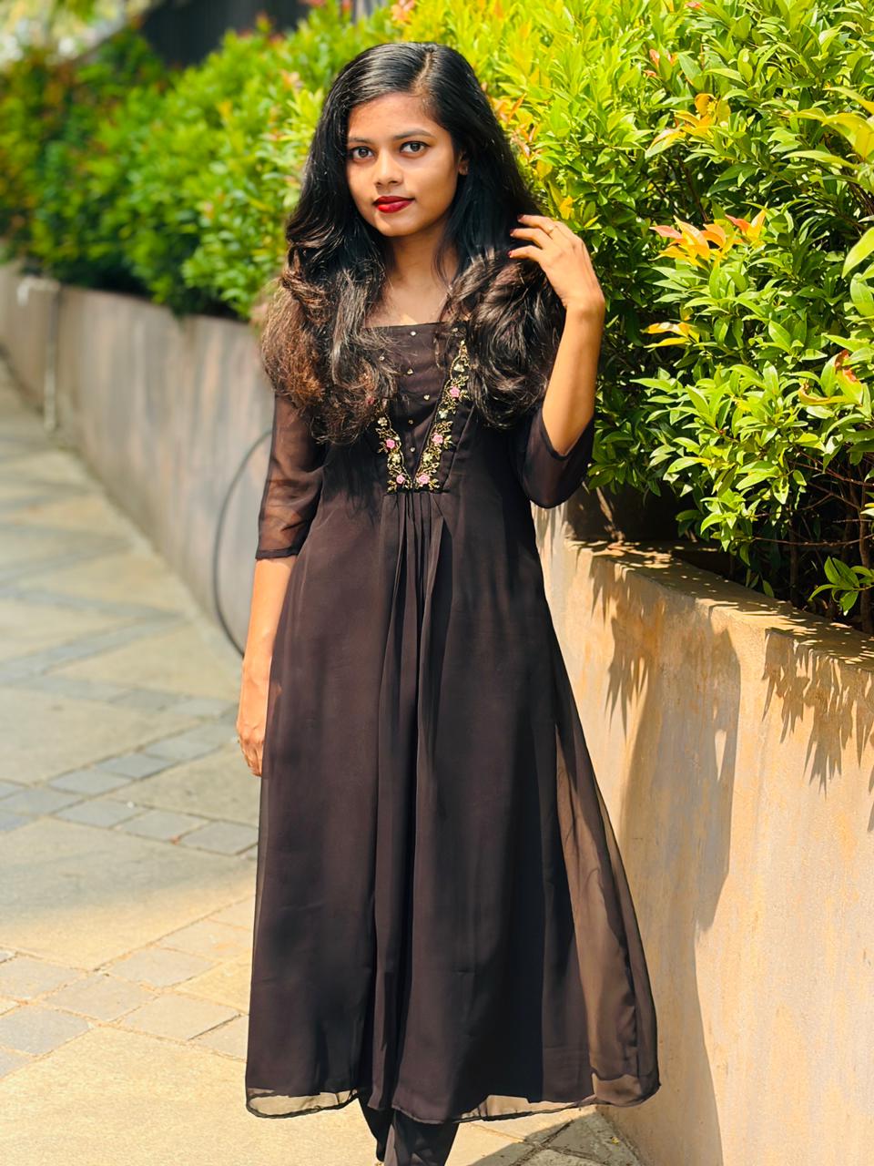 Hand‑Beaded Black Georgette Dress for Parties & Events