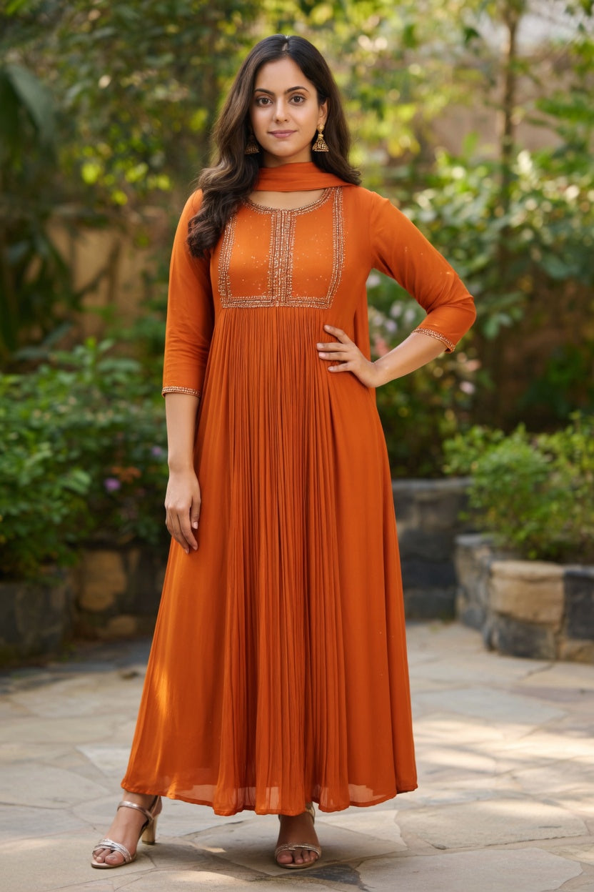 Radiant Elegance: The Burnt Orange Handcrafted Anarkali