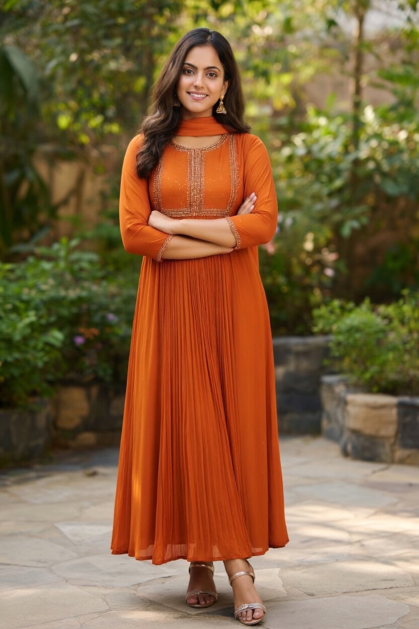 Radiant Elegance: The Burnt Orange Handcrafted Anarkali