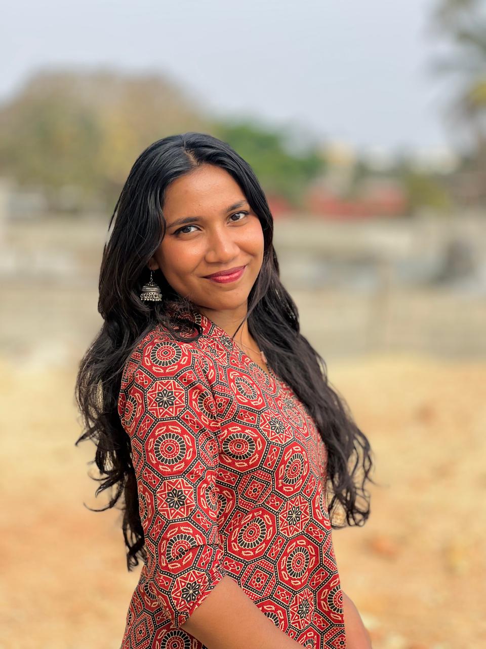 Maroon Printed Cotton Kurti - V-Neck, 3/4 Sleeves & Midi Length