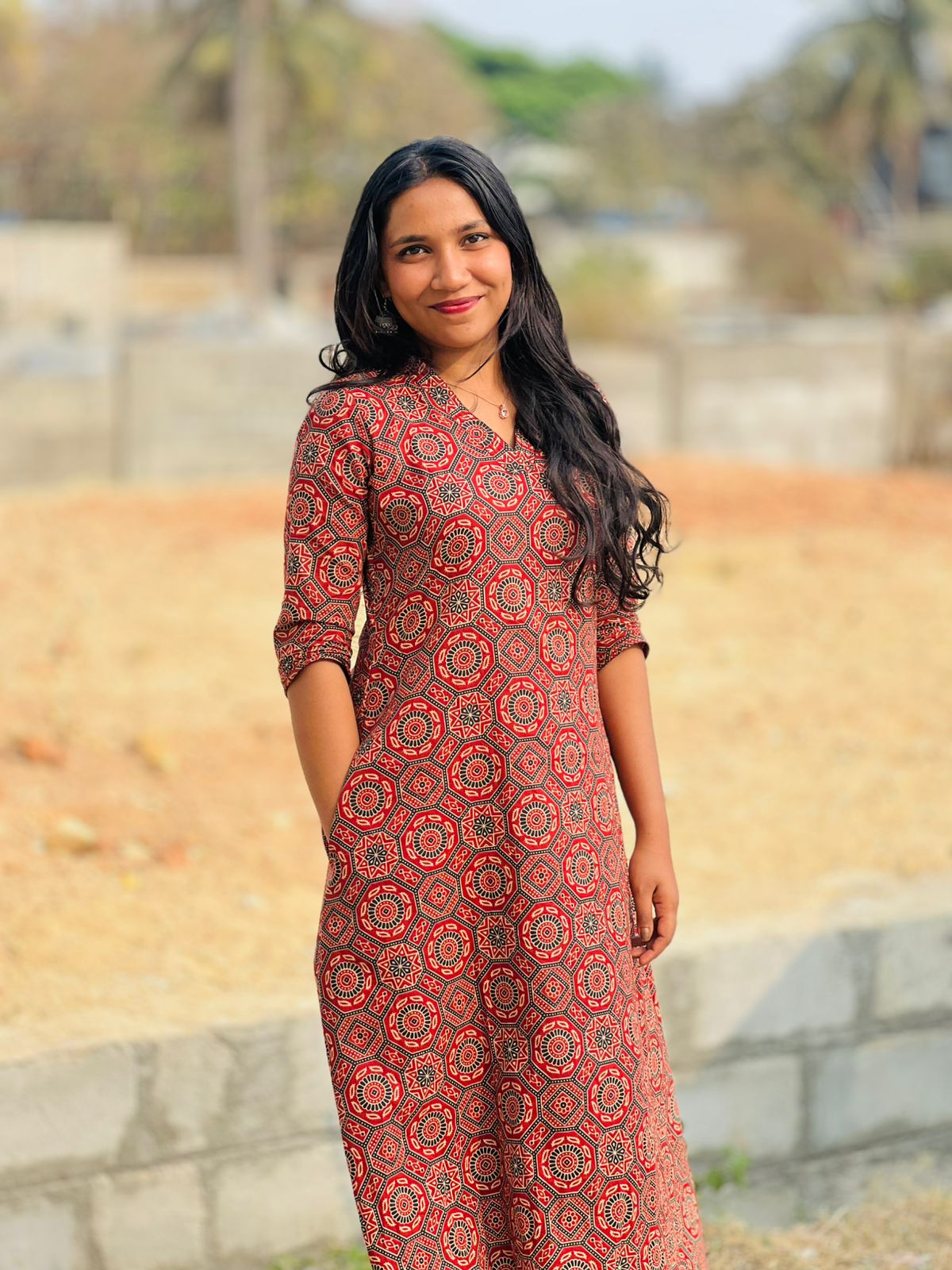 Maroon Printed Cotton Kurti - V-Neck, 3/4 Sleeves & Midi Length