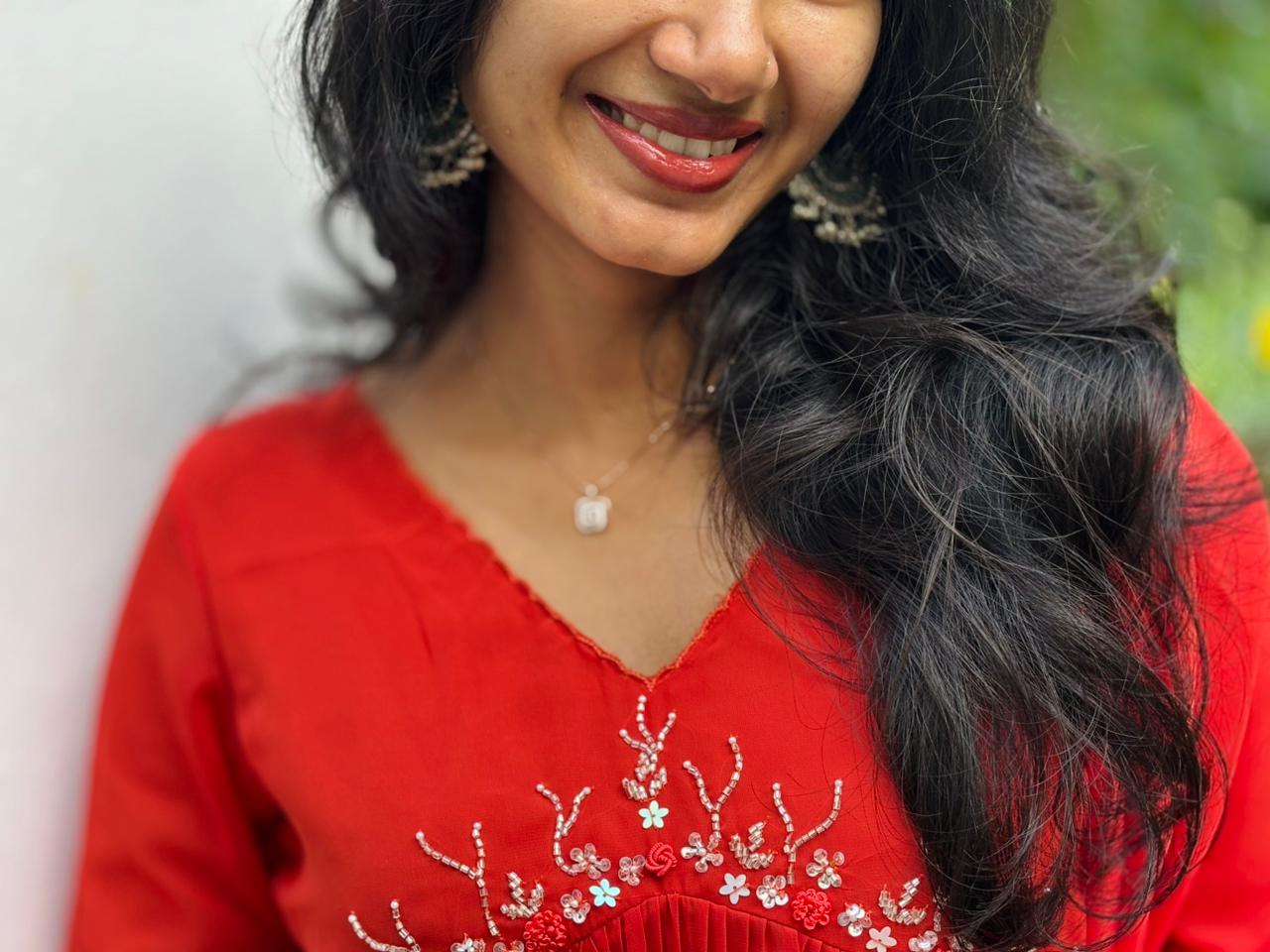 Hand‑Beaded Red Georgette Anarkali with Scalloped Dupatta